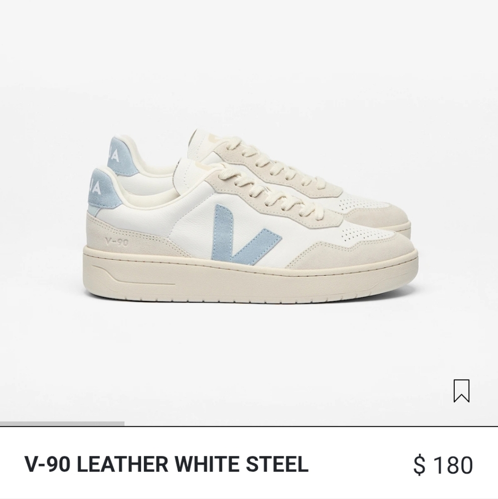 Veja V-90 Leather Sneakers in White and Steel Blue